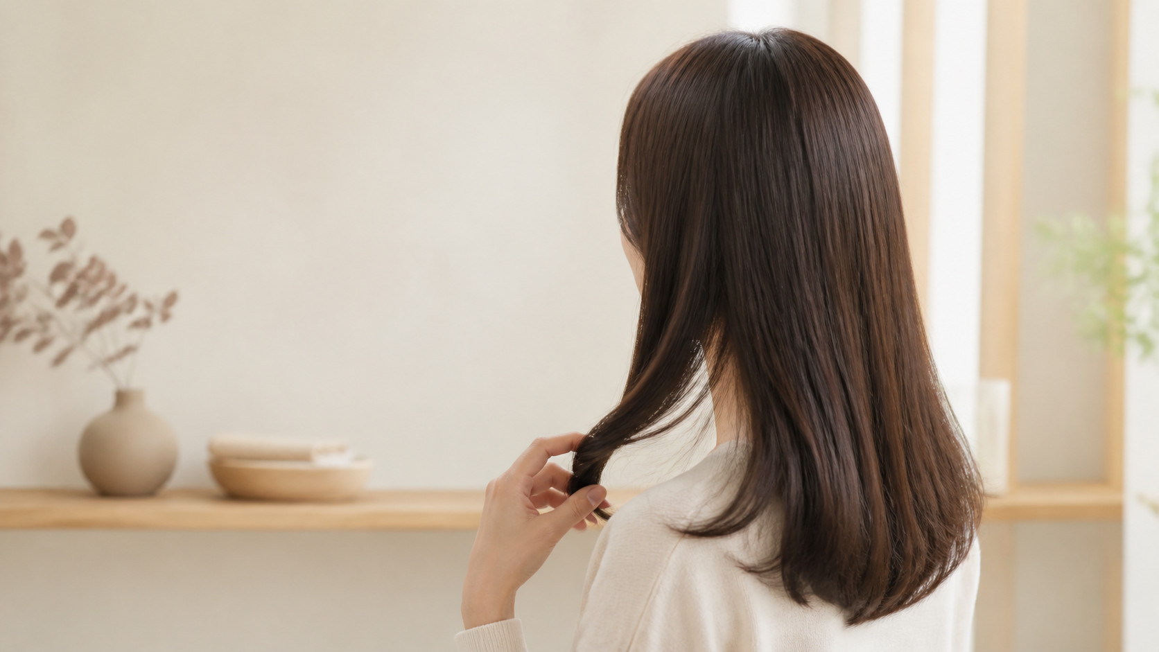 自宅で髪の毛先に触れる女性の後ろ姿